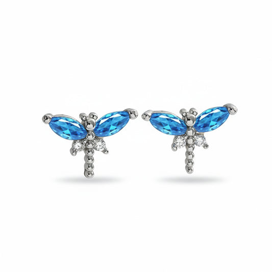 925 Sterling Silver Dragonfly Stud Earrings with Blue and Clear Cubic Zirconia's