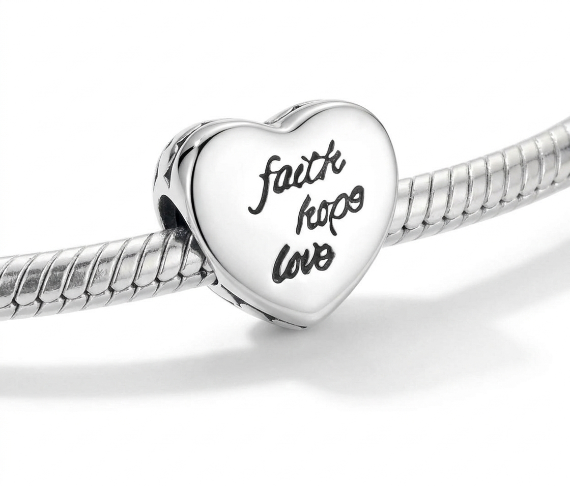 925 Sterling Silver Heart with Faith Hope Love Wording