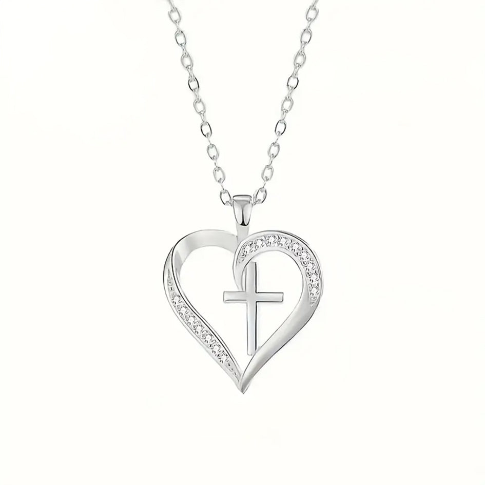 925 Sterling Silver Necklace with a Cross inside a Heart Cubic Zirconia's Pendant