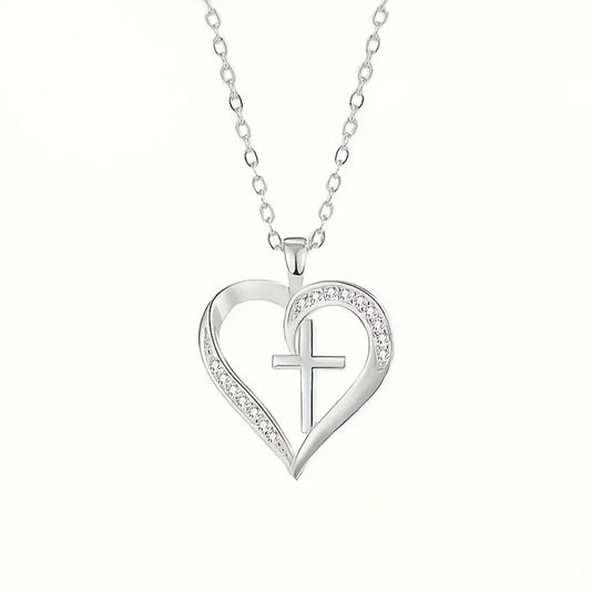 925 Sterling Silver Necklace with a Cross inside a Heart Cubic Zirconia's Pendant