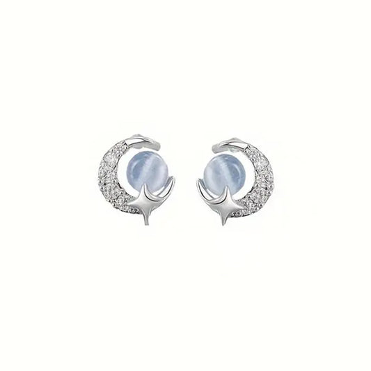 925 Sterling Silver Moon and Star Stud Earrings with Cubic Zirconia's