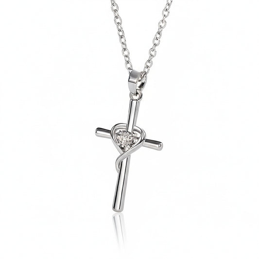 925 Sterling Silver Necklace with a Cross and Small Square Cubic Zirconia's Pendant