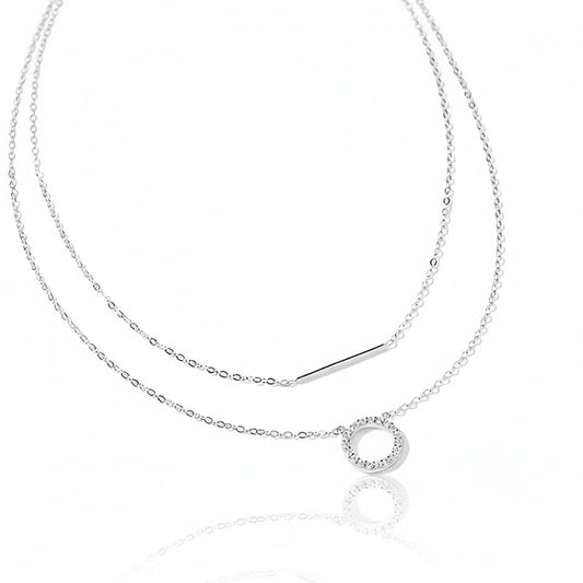 925 Sterling Silver Necklace, Double Chain with Circle and Rectangle Cubic Zirconia's Pendant