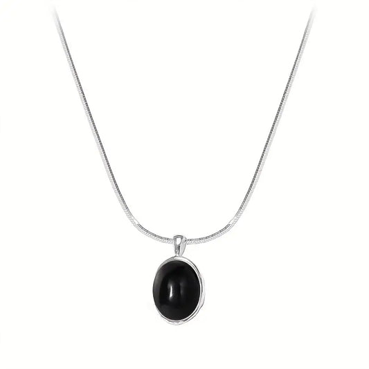 925 Sterling Silver Necklace with a Black Oval Stone Pendant