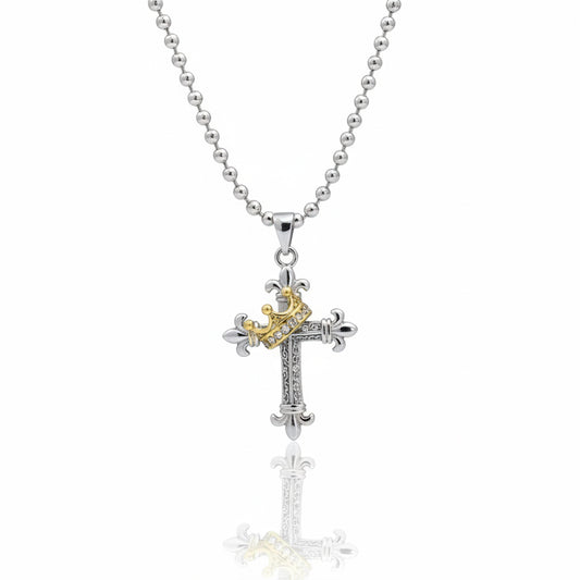 925 Sterling Silver Necklace with a Cross and Crown Cubic Zirconia's Pendant