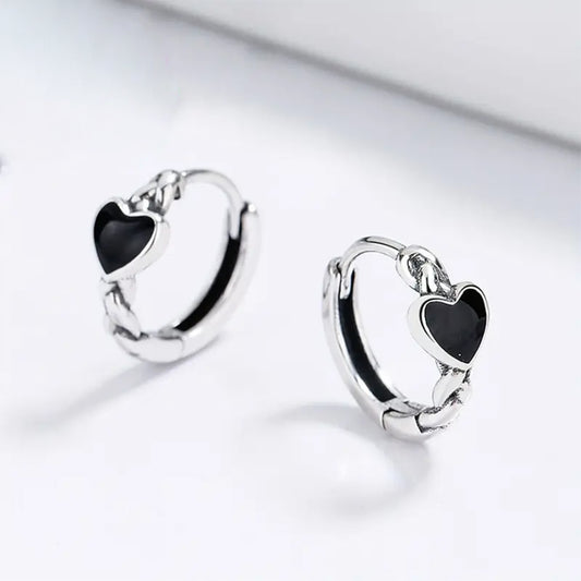 925 Sterling Silver Heart Hoop Earrings with Black Stones