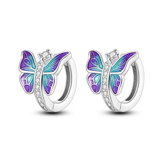 925 Sterling Silver Butterfly Hoop Earrings with Blue and Purple Stones and Cubic Zirconia's