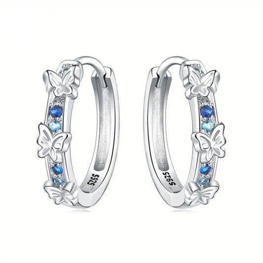 925 Sterling Silver Butterfly Hoop Earings with Blue Cubic Zirconia's