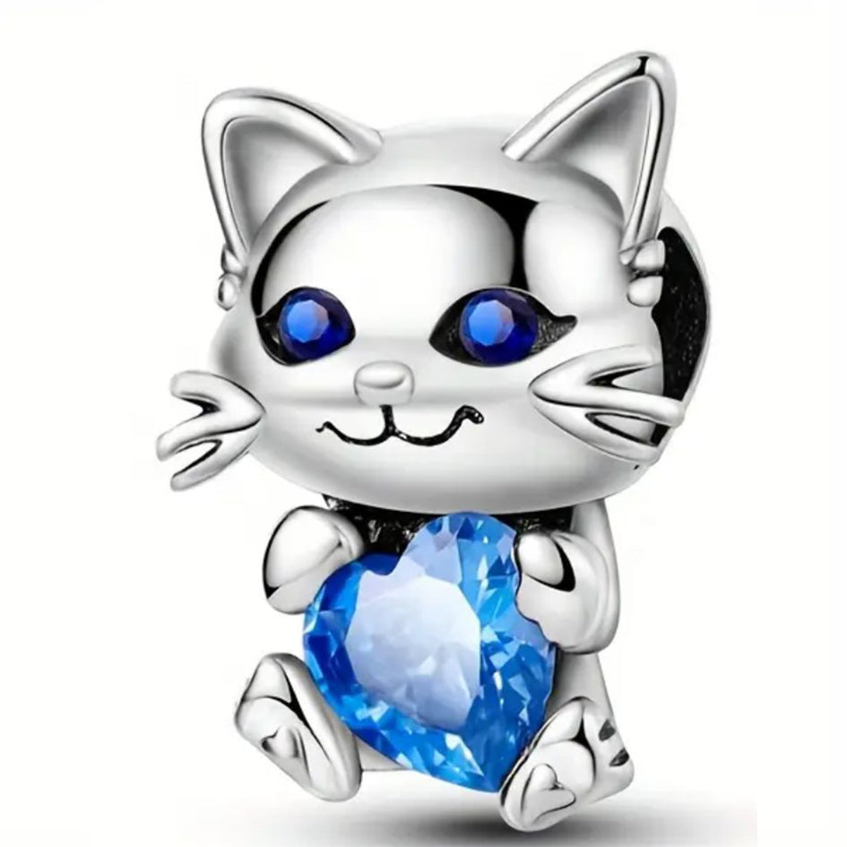925 Sterling Silver Cat Charm with Blue Cubic Zirconia