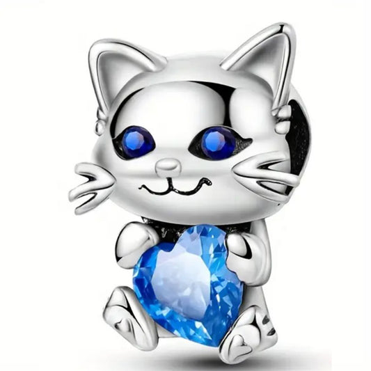 925 Sterling Silver Cat Charm with Blue Cubic Zirconia