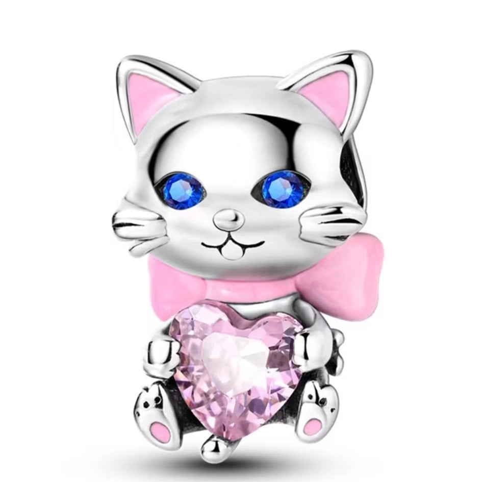 Silver Cat with Pink Heart & Bow detail