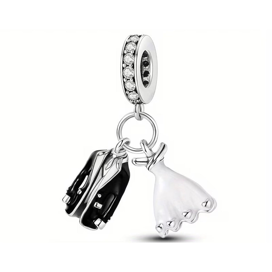 925 Sterling Silver Black and White Wedding Attire Charm
