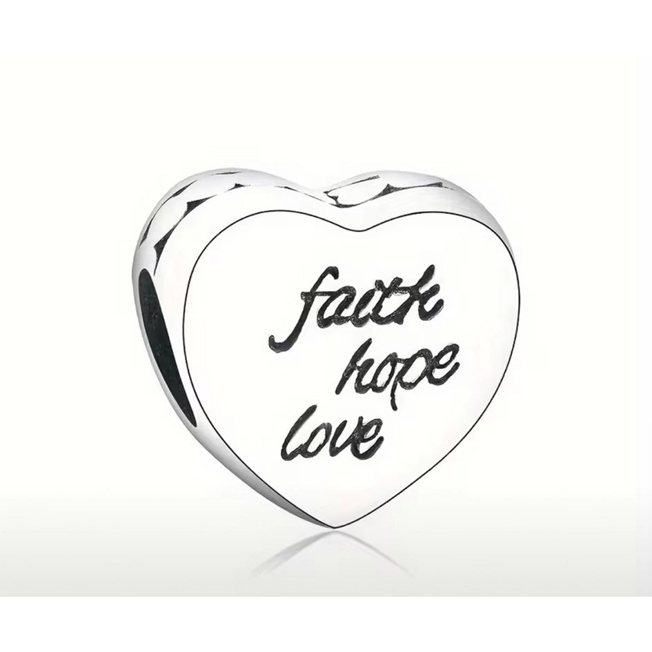 925 Sterling Silver Heart with Faith Hope Love Wording