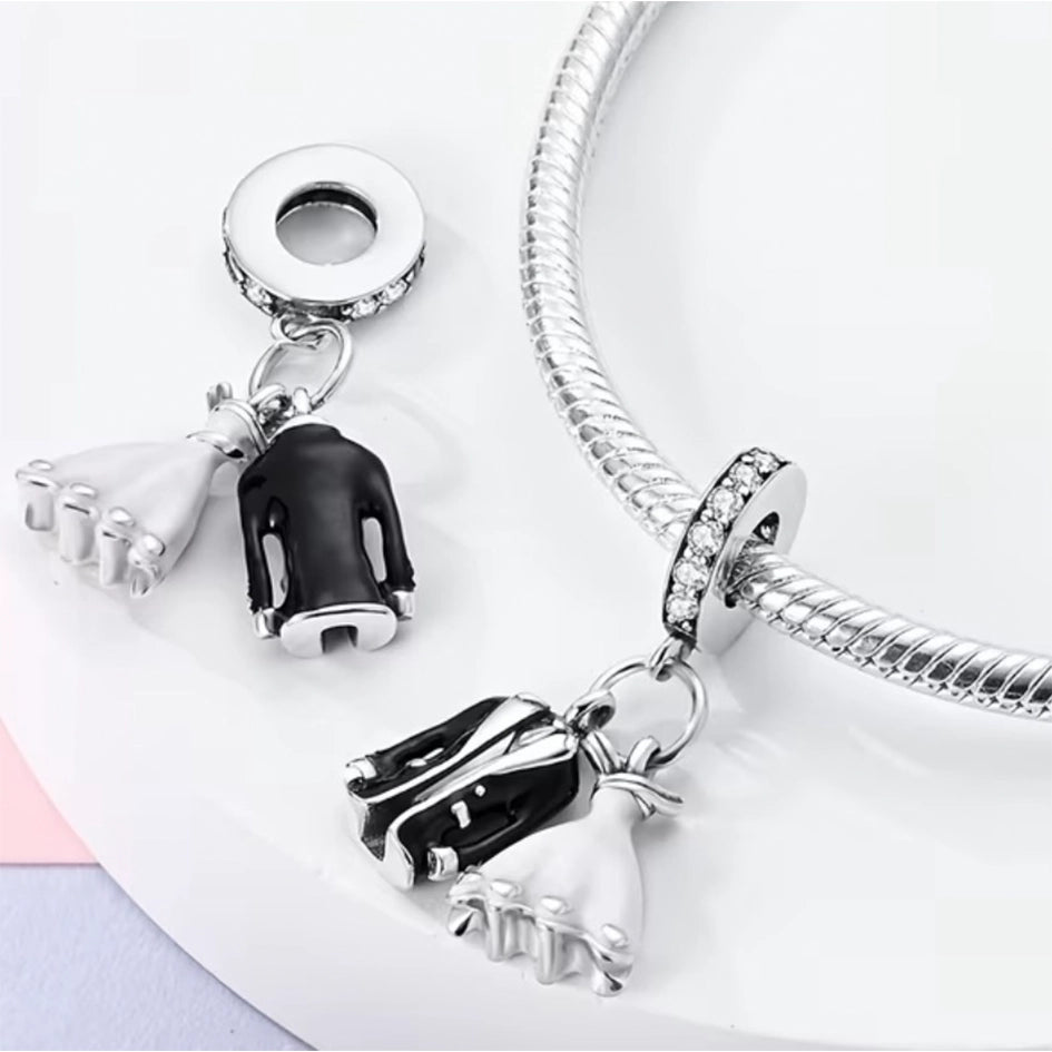 925 Sterling Silver Black and White Wedding Attire Charm
